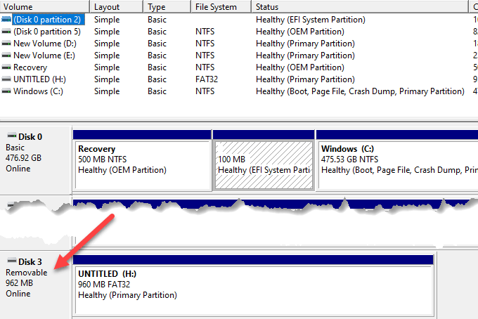 viewing disk partition in the disk management utility