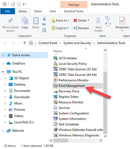 remove uninstall printer driver windows 10 print management shortcut