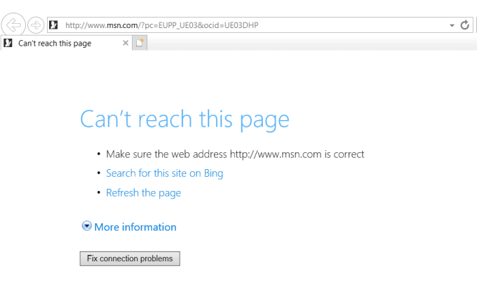 internet explorer unable to open the search page
