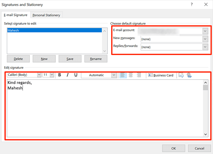 changing signature in outlook