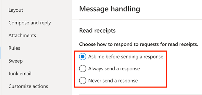 microsoft outlook read receipt settings