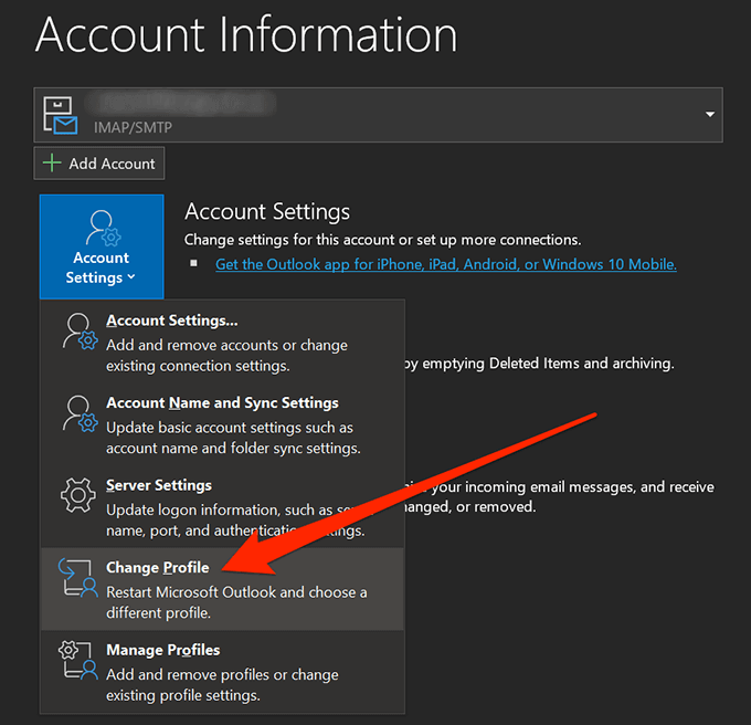 updating outlook account settings
