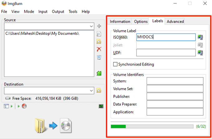how to create a file folder into an iso file with imageburn