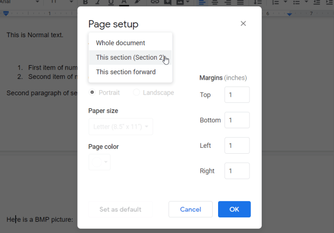 different margins on first page google docs