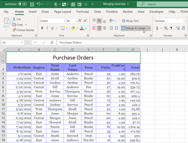 how to merge and center in excel vertically