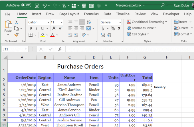 Merge cells with content in excel