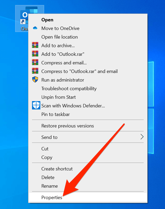 windows 10 create desktop shortcut for outlook