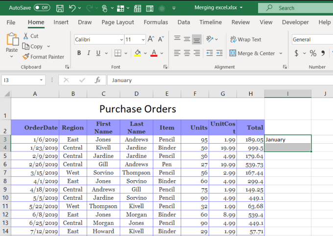 how to use merge and center in excel 2016 in a table