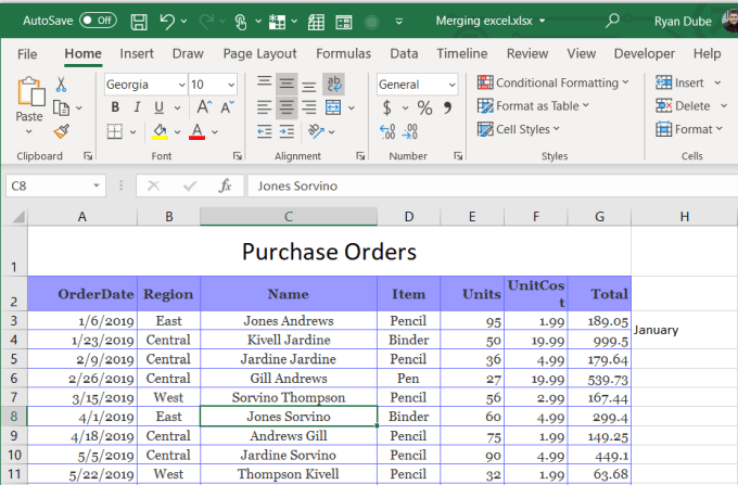 merge and center in excel not doing anything