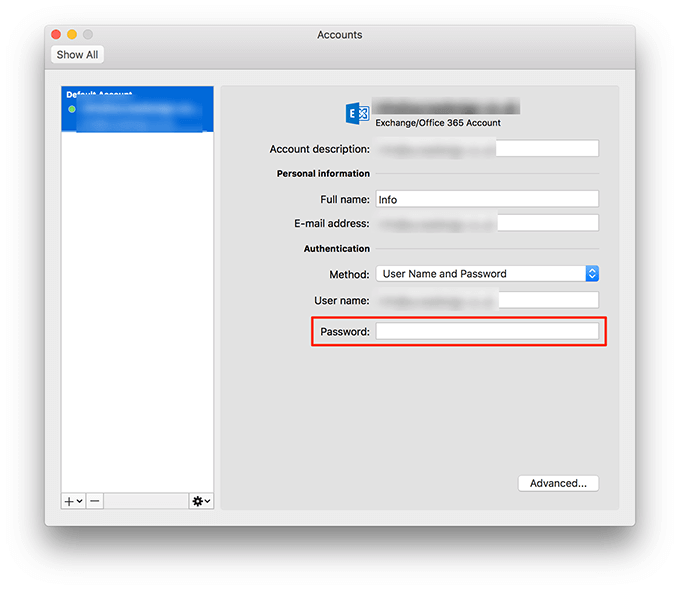 update password in outlook for mac