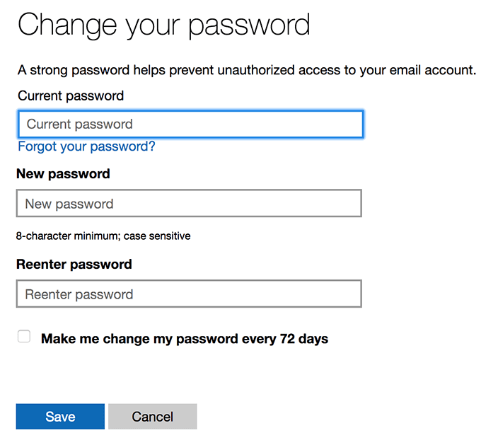 change password in outlook desktop app