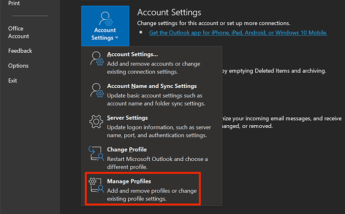 outlook account settings change mailbox gray