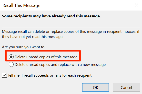 how to recall an email in outlook 2018