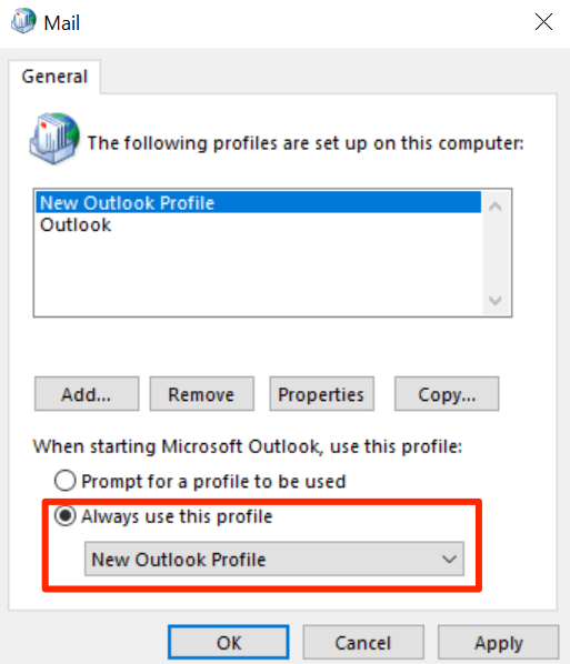 outlook profile not loading