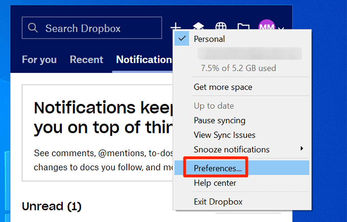 where to find snych preferences on mac for dropbox