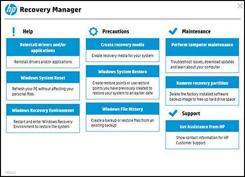 screenshot of HP recovery manager
