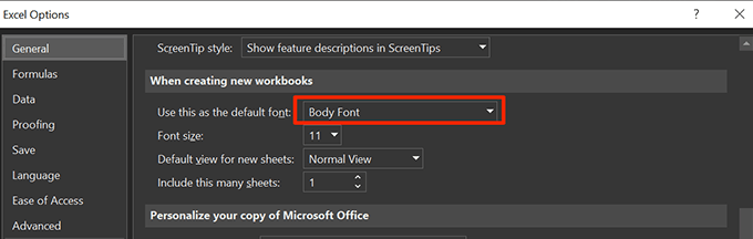 setting default font in excel for mac