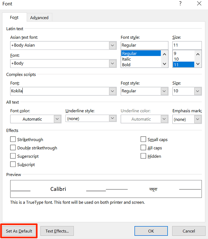 changing the default font in word