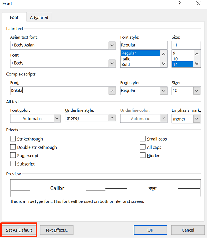 microsoft word set default font