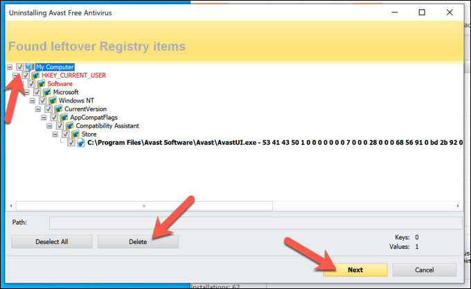 remove avast antivirus from registry