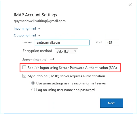 outlook email settings for gmail