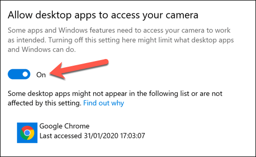 Camera access for Desktop apps in Windows 10