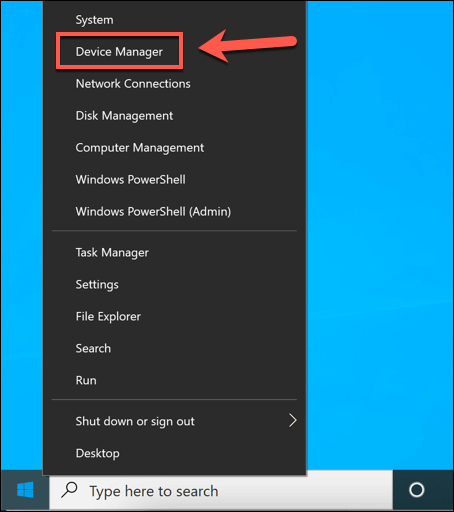Device Manager option in Windows Quick Access  menu