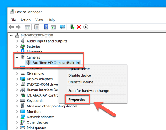 Camera driver properties in Windows Device Manager