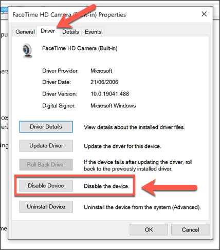 Camera driver properties in Windows Device Manager