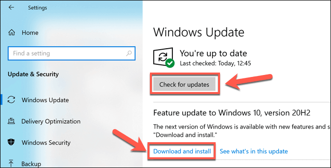 Windows Update settings page