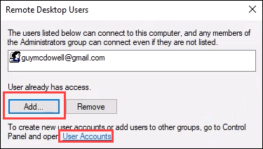 Adding users in remote Desktop Users dialog.