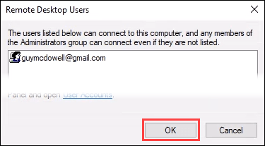 Confirming Remote Desktop users in Settings.