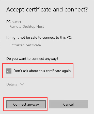 Security certificate warning dialog in Remote Desktop.