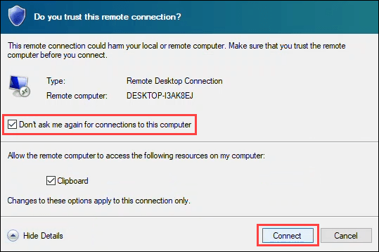 Remote Desktop Connection security warning.