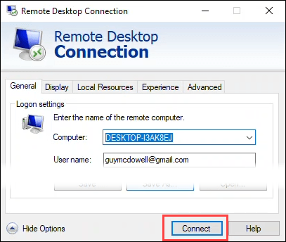 Connecting to a host with the Remote Desktop Connection client.