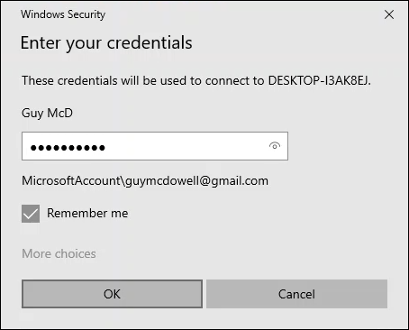 Entering security credentials for remote connection.