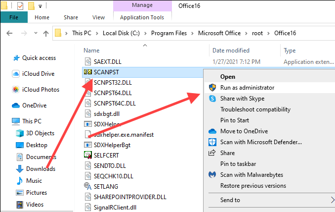 Outlook Inbox Repair tool (SCANPST) in Windows File Explorer