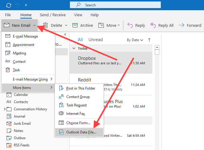 Steps for creating a new Outlook Data File