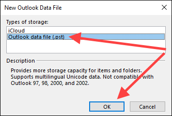 Steps for creating a new Outlook Data File in Windows 11