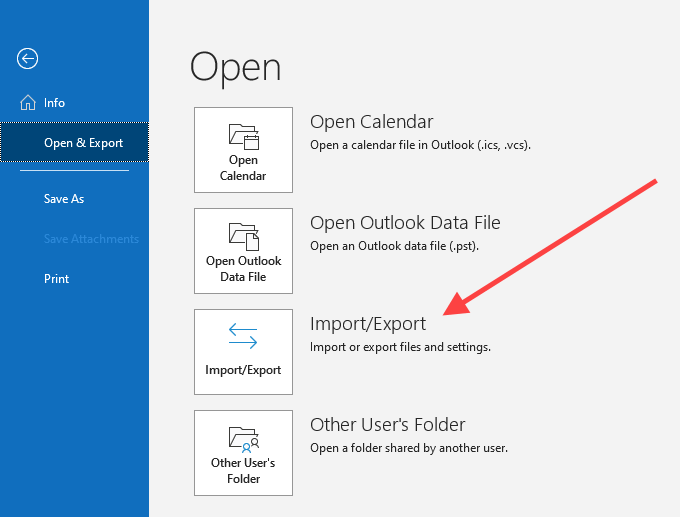 "Import & Exported" highlighted in Outlook's File menu