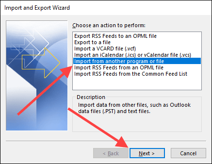 Outlook's Import and Export Wizard window