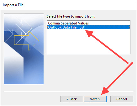 Outlook's File import window