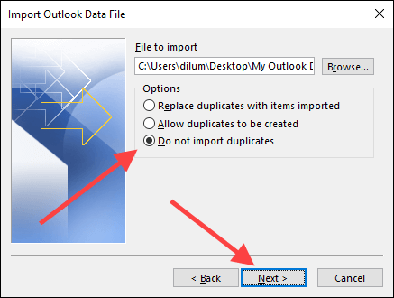 Outlook's data file import window