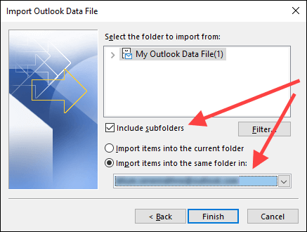 Outlook's data file import window