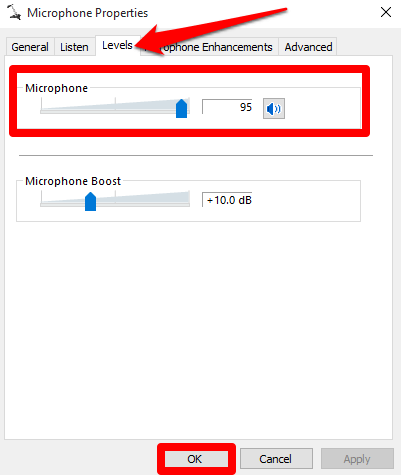 increase mic gain windows 10