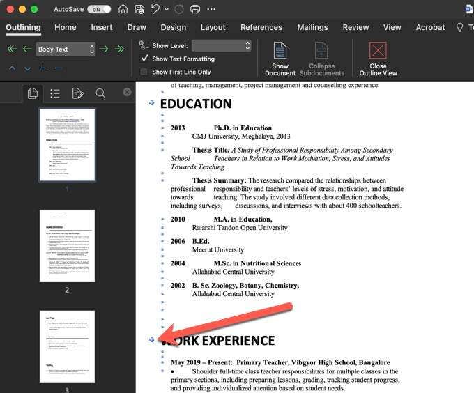 word for mac 2011 move thumbnail order in sidebar