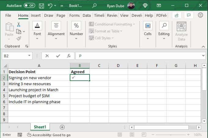 how to insert tick mark in excel shortcut key