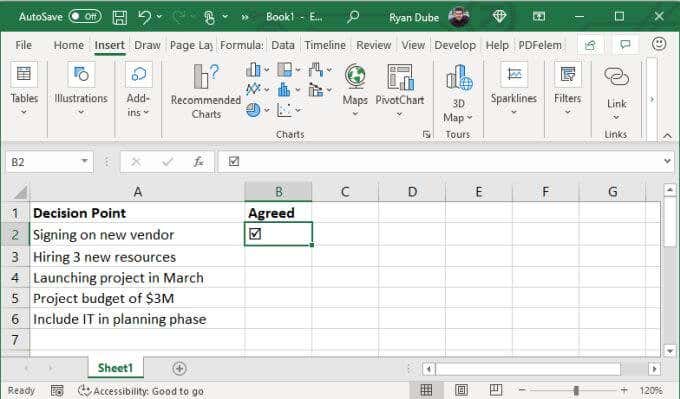 How to insert a tick symbol (checkmark) in Excel