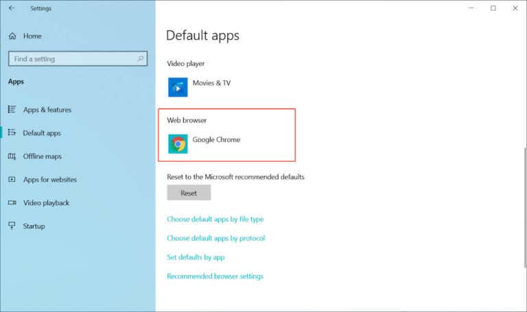 default browser settings windows 10