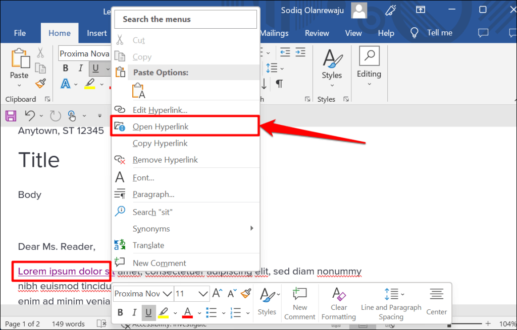 how to add hyperlink in word index